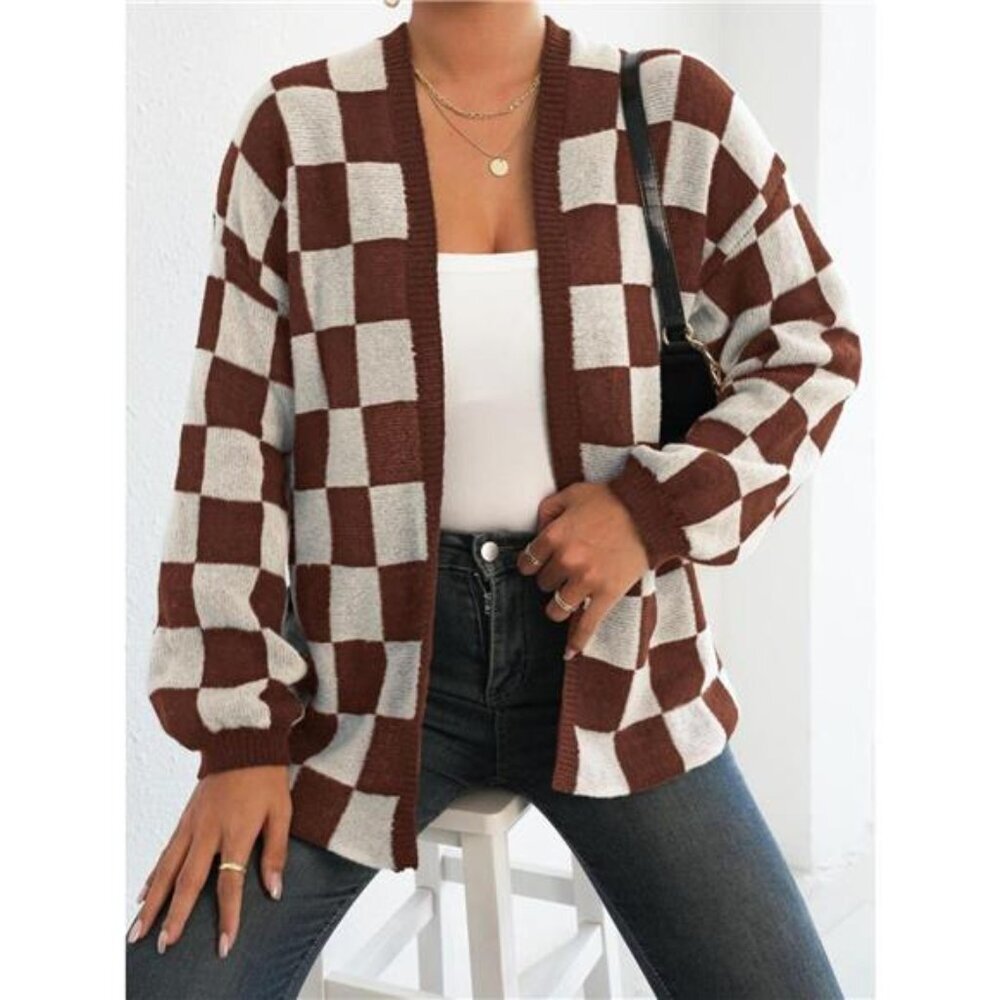 Checkerboard Pattern Open Front Knit Cardigan